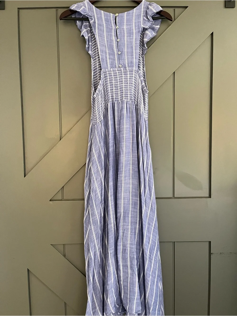 Free People Blue Striped Chambray Smocked Maxi Dress